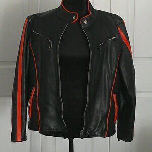 Leather King Black and Orange Motorcycle Jacket. Size XL